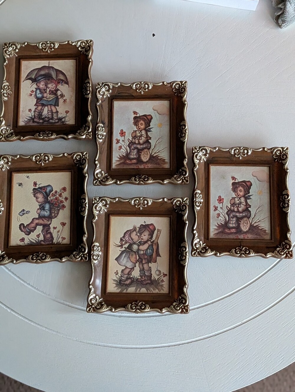 Vintage Hummel Style Faux Wood Ornate Framed Wall Art - Set of 5